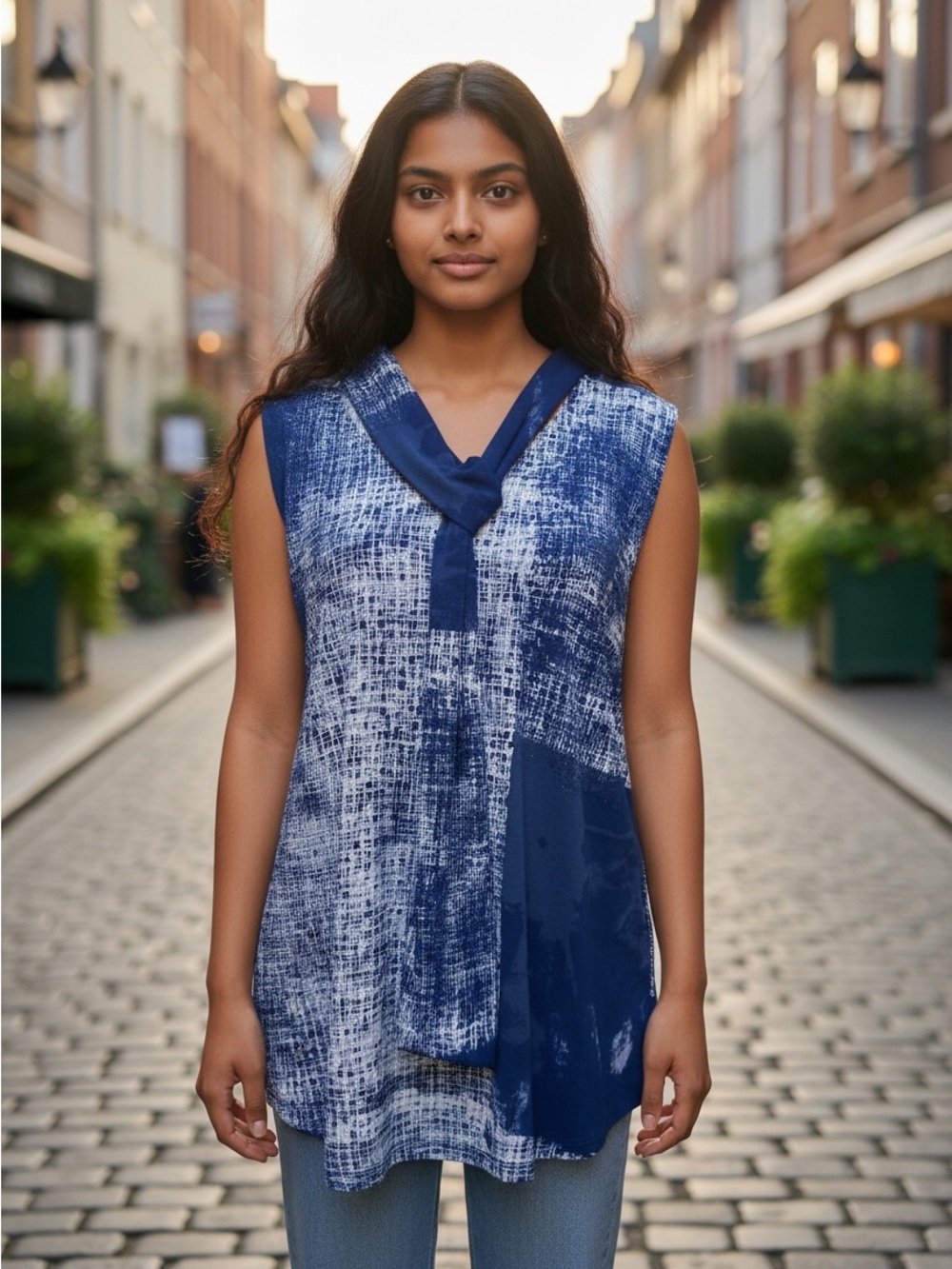 DKNYC Blue Printed Sleeveless Tie-Neck Tank